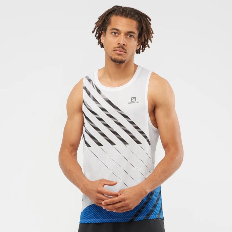 White / Blue Salomon Sense Aero Singlet Men\'s Tanks | PH 21850C